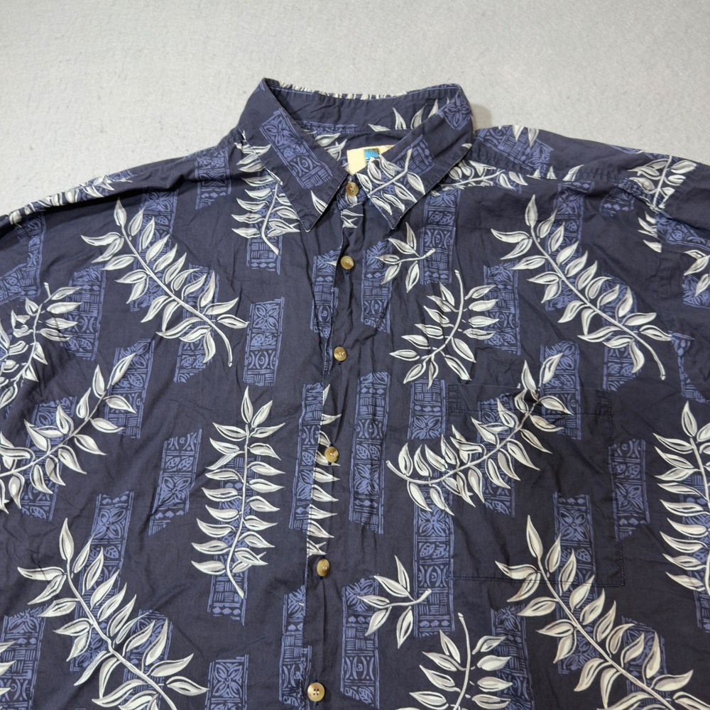 Kahala Mens XXL Navy Blue Cotton Lawn Leaf Tribal Print Aloha Shirt Hawaii